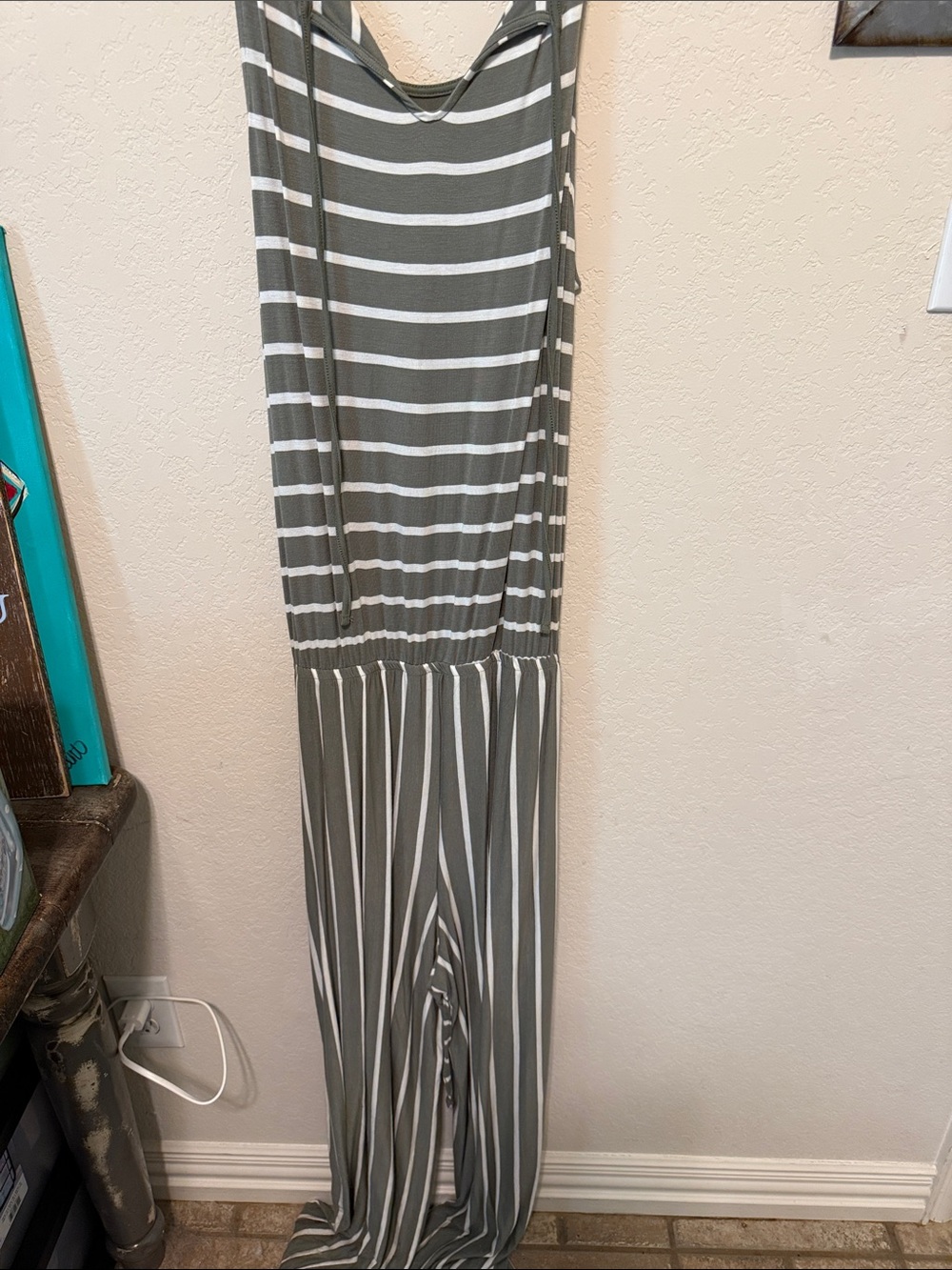Zenana Outfitters Olive Gray & White Striped Jumpsuit